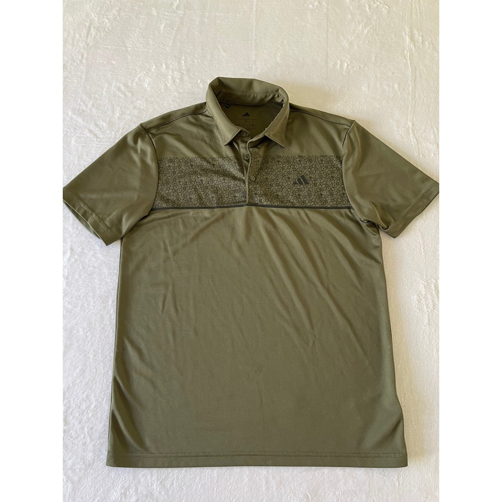 adidas Golf Polo Shirt Mens S Olive Green Floral Chest Print Performance KD9362